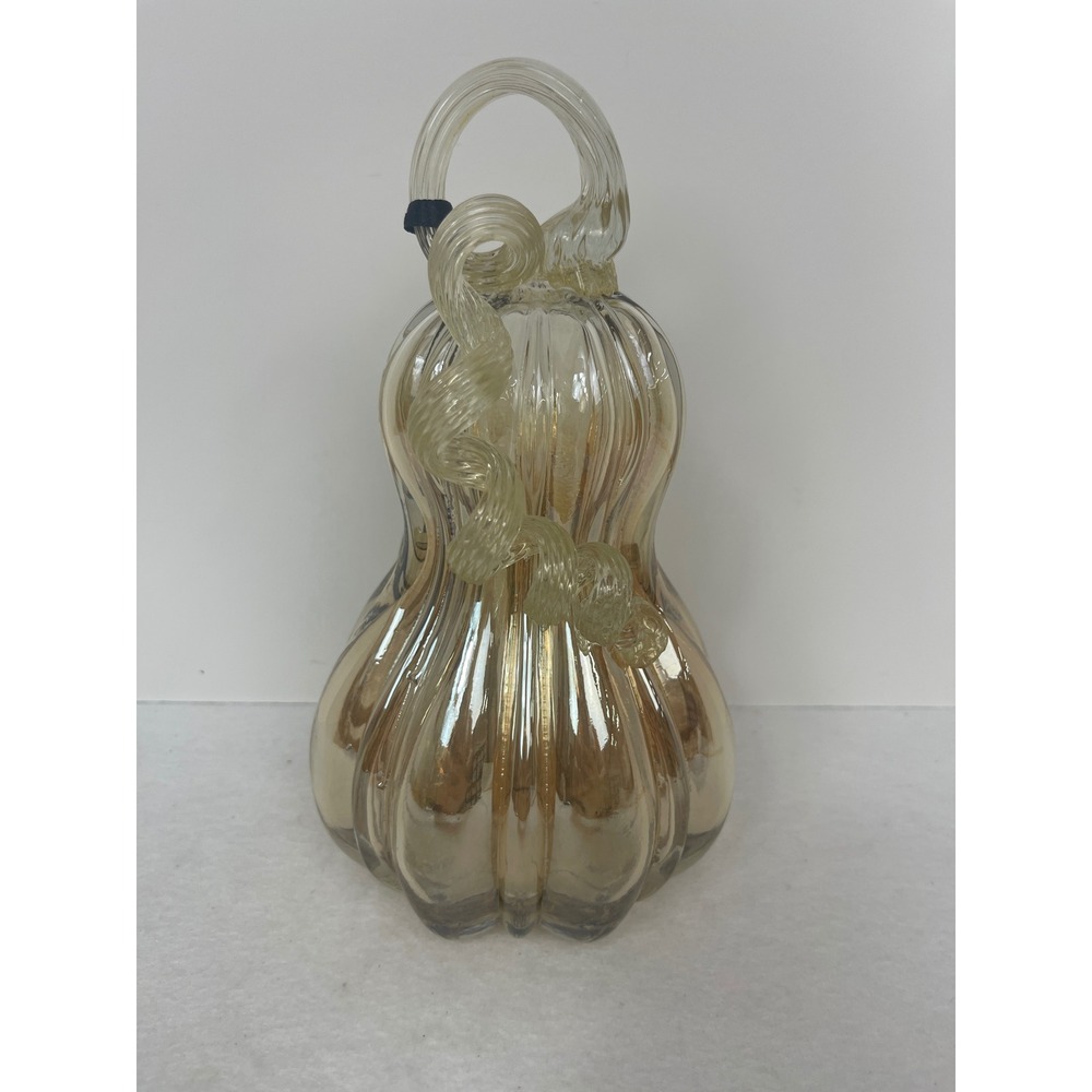 Tahari Home Glass Pumpkin Gourd Champagne Amber Ribbed Luster Fall Decor NEW